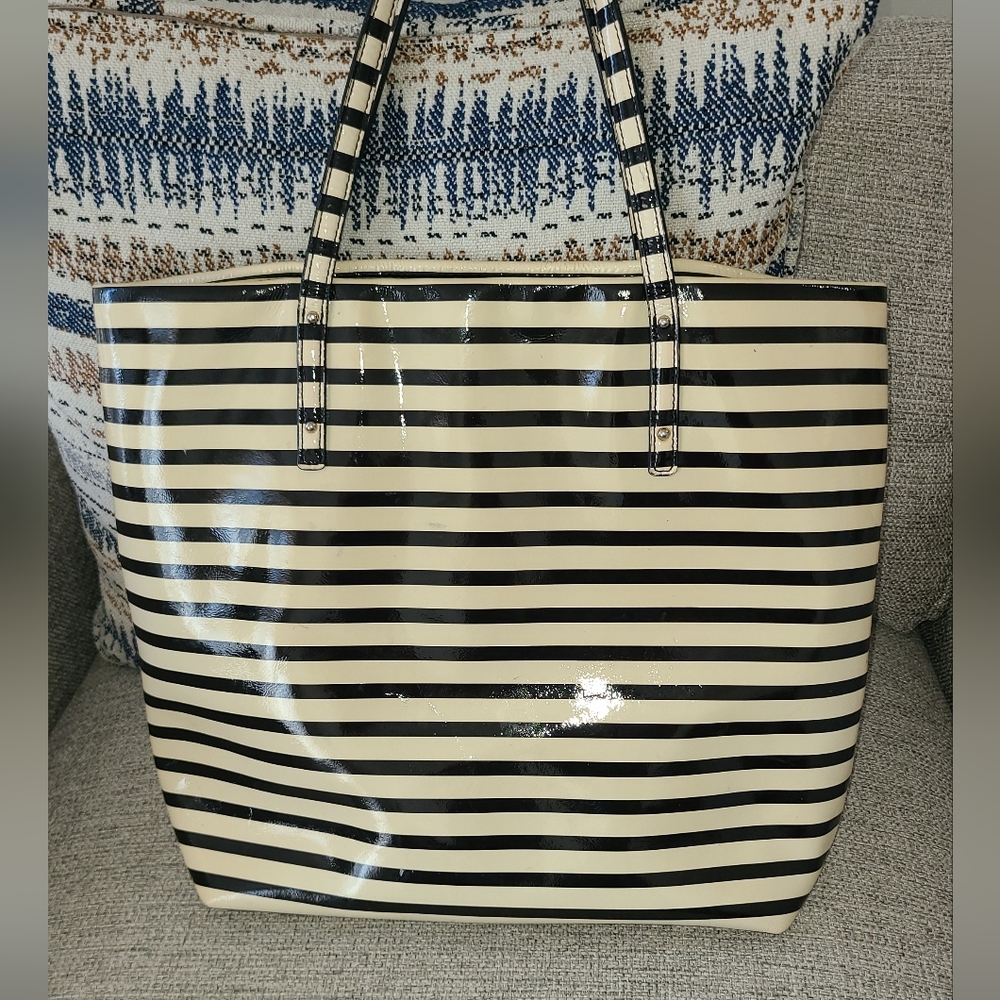 Kate Spade Patent Leather Black and Tan Striped Tote - Picture 5 of 11